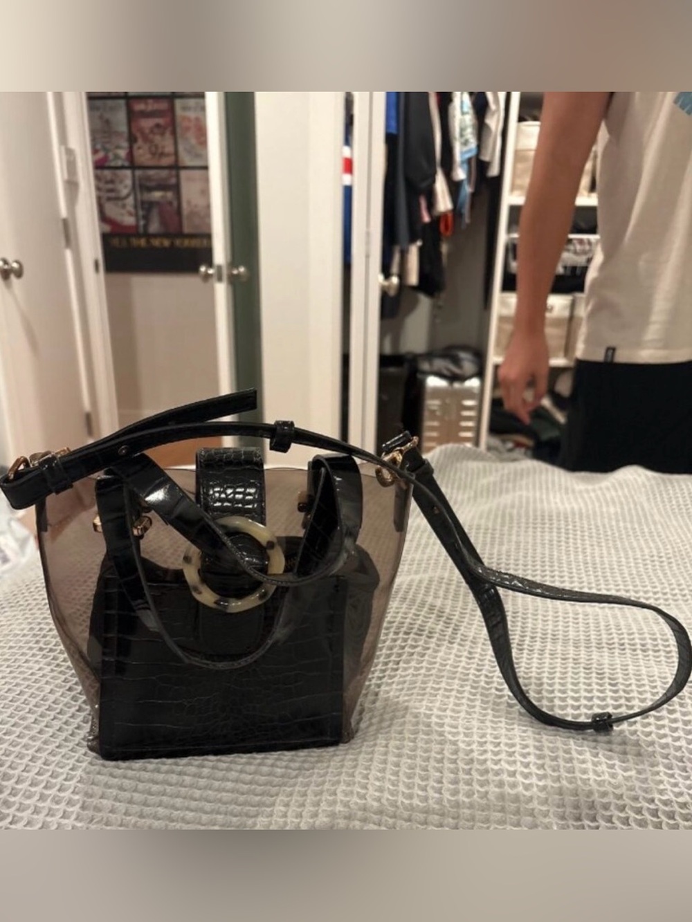 Topshop Clear Mini Tote Bag | Tortoise Ring Handles + Croc Pouch + Strap